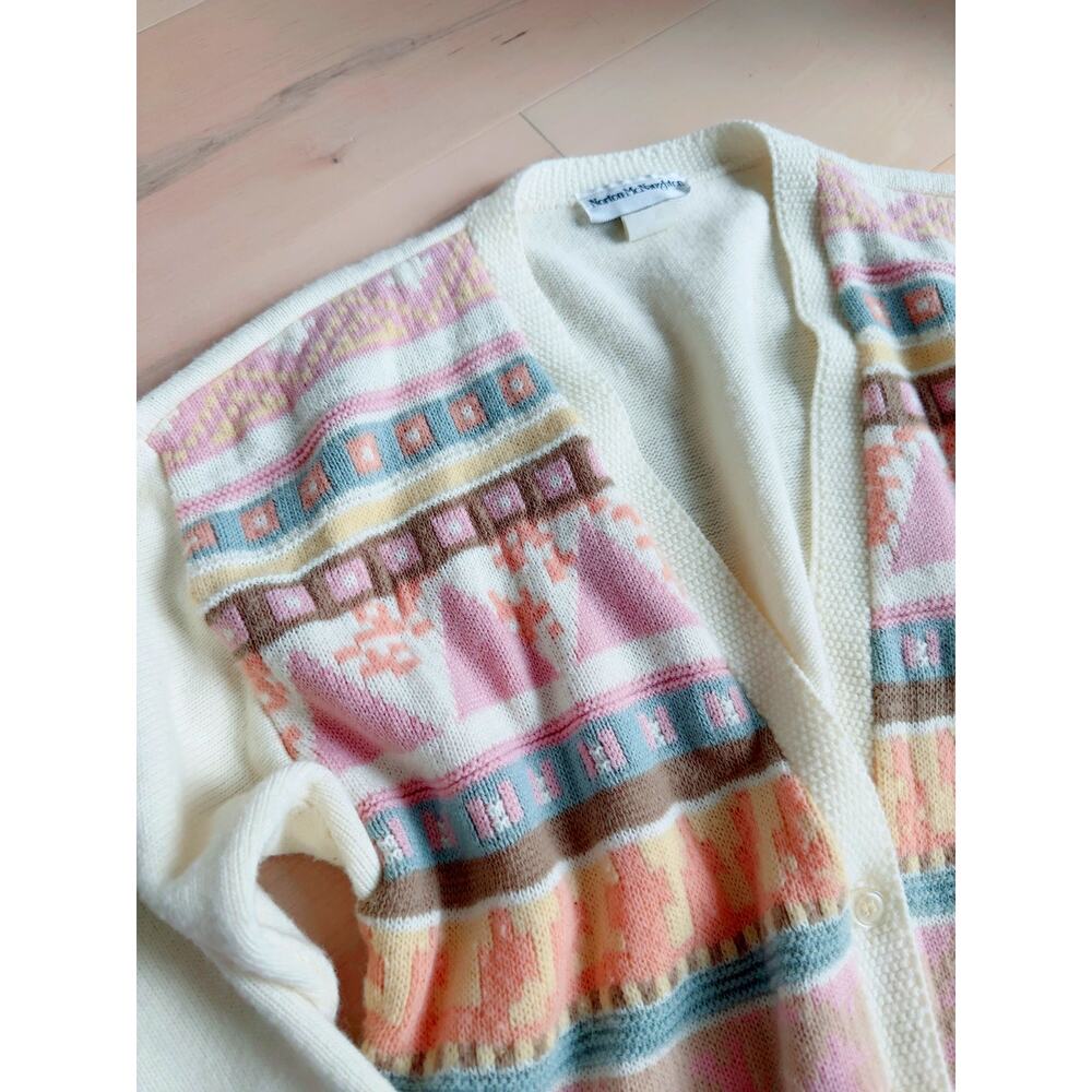 Vintage 90s Cardigan Sweater Pastels Grapic Print Prep Cottagecore Size M - Picture 3 of 5
